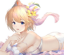  ass bare_shoulders bikini blonde_hair blue_eyes bow breasts cleavage collarbone commentary_request crown europa_(granblue_fantasy) europa_(summer)_(granblue_fantasy) female flower granblue_fantasy hair_flower hair_ornament hairbow looking_at_viewer lying mari_(doraerin0) medium_breasts official_alternate_costume on_stomach parted_lips pink_bow pom_pom_(clothes) short_hair simple_background smile solo strapless strapless_bikini swimsuit white_background white_bikini yellow_flower 