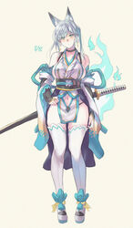  animal_ear_fluff animal_ears aqua_fire bare_shoulders black_panties breasts clothing_cutout commentary_request detached_sleeves earrings extra_ears female fire fox_ears fox_girl fox_tail green_eyes grey_hair hand_on_own_hip highres jewelry katana large_breasts long_hair navel navel_cutout obi original panties pelvic_curtain photoshop_(medium) revealing_clothes sash sawaya_(mizukazu) showgirl_skirt sideboob simple_background solo sword tail thighhighs twintails underwear weapon 