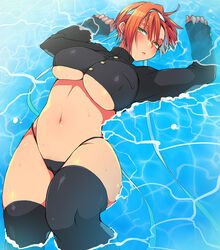  breasts commentary_request crop_top eroe female green_eyes hair_between_eyes igarashi_kyou_(eroe) large_breasts long_sleeves looking_at_viewer midriff navel one_eye_closed orange_hair original partially_submerged photoshop_(medium) short_hair solo thighhighs underboob water wet 