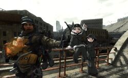  1boy 2girls arm_up bb-28 black_eyes black_hair blonde_hair blue_eyes cheering chito_(shoujo_shuumatsu_ryokou) coat death_stranding gloves gun gun_on_back helmet highres leoleonardk10 multiple_girls open_mouth railing rifle sam_porter_bridges shoujo_shuumatsu_ryokou sitting standing thumbs_up weapon weapon_on_back yuuri_(shoujo_shuumatsu_ryokou) 