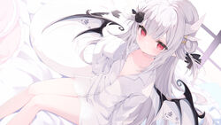  absurdres black_bow blush bow closed_mouth demon_wings eyebrows_hidden_by_hair female flower hair_flower hair_ornament hairbow highres horns indie_virtual_youtuber kamuri_amuru long_hair long_sleeves looking_at_viewer naked_shirt okomeillust red_eyes shirt sitting sleeves_past_fingers sleeves_past_wrists solo virtual_youtuber white_hair white_shirt wings 