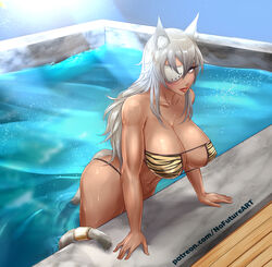  animal_print arm_support bikini breasts cleavage commentary dark-skinned_female dark_skin english_commentary female ghislaine_dedoldia grey_hair highres large_breasts muscular muscular_female mushoku_tensei nofuture one-eyed patreon_username pool purple_eyes scar scar_on_cheek scar_on_face solo swimsuit tiger_print water wooden_floor 