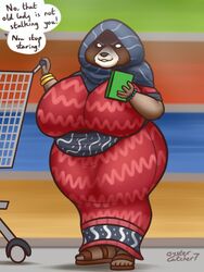  3:4 anthro big_breasts breasts clothing creepy dress female glowing glowing_eyes grocery_shopping grocery_store gypsy hi_res hooded mammal oystercatcher7 pattern_clothing pattern_dress procyonid raccoon shopping_cart short_stack solo stare store wide_hips zela 