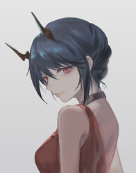  arknights bare_shoulders black_choker blue_hair breasts ch&#039;en_(ageless_afterglow)_(arknights) ch&#039;en_(arknights) choker commentary dragon_horns dress female grey_background hair_between_eyes head_tilt highres horns looking_at_viewer medium_breasts narakuuu official_alternate_costume red_dress red_eyes short_hair sidelocks simple_background sleeveless sleeveless_dress solo symbol-only_commentary upper_body 