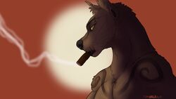  16:9 2017 anthro bust_portrait cigar euplerid facial_piercing fossa hi_res javier_(disambiguation) male mammal nose_piercing piercing portrait sayuncle septum_piercing smoking solo widescreen yellow_eyes 