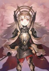  armor black_gloves cape closed_mouth female fire_emblem fire_emblem_heroes gloves grey_hair hair_ornament highres holding hukashin long_hair long_sleeves red_eyes red_legwear solo veronica_(brave_princess)_(fire_emblem) veronica_(fire_emblem) 