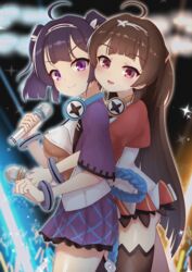  2girls absurdres ahoge ass azur_lane behind_another black_legwear blunt_bangs blunt_ends blurry blurry_background blush breasts brown_hair closed_mouth commentary_request cowboy_shot dress from_side glowstick hairband hand_up headphones headphones_around_neck highres holding holding_microphone karu_(ricardo_2628) long_hair looking_at_viewer medium_breasts medium_hair microphone multiple_girls ning_hai_(azur_lane) ning_hai_(dragon_sisters!_-n)_(azur_lane) no_bra official_alternate_costume open_mouth ping_hai_(azur_lane) ping_hai_(dragon_sisters!_-p)_(azur_lane) pleated_skirt purple_eyes purple_hair purple_skirt raised_eyebrows red_dress red_eyes round_teeth see-through shiny_skin short_sleeves sidelocks single_thighhigh skirt smile sparkle stage_lights standing teeth thighhighs thighs tongue two-tone_dress underboob very_long_hair white_dress white_hairband wide_sleeves wireless 