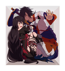  1boy akke armored_boots black_coat black_hair black_shorts boots border bridal_gauntlets brown_eyes coat collarbone elbow_gloves female full_body gloves hair_over_one_eye long_hair low-tied_long_hair open_clothes open_coat open_mouth purple_gloves rokurou_rangetsu short_shorts short_sleeves shorts signature single_glove sweatdrop tales_of_(series) tales_of_berseria thigh_strap torn_clothes torn_legwear velvet_crowe very_long_hair white_border 