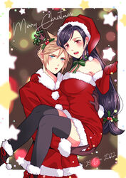  1boy antlers babigonice bare_shoulders black_hair black_thighhighs blonde_hair blue_eyes blush boots breasts carrying carrying_person christmas cloud_strife couple dated dress earrings female final_fantasy final_fantasy_vii final_fantasy_vii_remake fur-trimmed_boots fur-trimmed_dress fur-trimmed_gloves fur-trimmed_headwear fur-trimmed_jacket fur_trim gloves hair_ornament hat highres horns jacket jewelry large_breasts light_particles long_hair looking_at_viewer low-tied_long_hair merry_christmas neck_ribbon open_mouth princess_carry red_dress red_eyes red_gloves red_headwear red_jacket reindeer_antlers ribbon santa_costume santa_dress santa_gloves santa_hat single_earring spiked_hair star_(symbol) straight swept_bangs thighhighs tifa_lockhart 