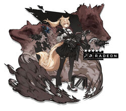  absurdres amd animal_ears arknights black_gloves black_necktie black_pantyhose black_skirt blonde_hair chinese_robot_kid crossbow crossbow_bolt female fox_ears fox_tail gloves gun hair_between_eyes hand_on_weapon highres holding holding_weapon large_tail long_hair looking_at_viewer necktie pantyhose ponytail shirt shoes skirt smoke_grenade sneakers solo tail weapon white_shirt yellow_eyes 