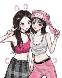  2girls aespa animal_ear_headwear animal_ears animification beanie belt black_belt black_eyes black_hair blush camisole chains collarbone commentary crop_top fake_animal_ears hair_ribbon hat highres holding_hands k-pop kim_chae-won le_sserafim long_hair looking_at_viewer medium_hair mole mole_under_eye multiple_girls murenzi pink_camisole pink_headwear plaid plaid_skirt rabbit_ears real_life ribbon skirt smile symbol-only_commentary tank_top v v-shaped_eyebrows white_ribbon white_tank_top winter_(aespa) 