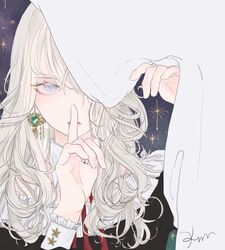  black_dress commentary_request detached_collar dress earrings eveyeil female finger_to_mouth frilled_dress frilled_sleeves frills hair_over_one_eye highres jewelry long_hair looking_at_viewer original shushing solo starry_background upper_body white_hair 