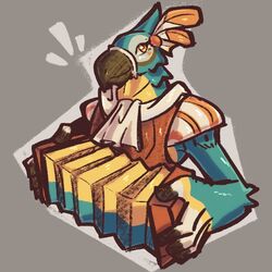  1:1 4_fingers advos ambiguous_gender anthro avian bandoneon beak bird blue_body blue_feathers breath_of_the_wild clothing digital_media_(artwork) feathers fingers kass_(tloz) looking_back male_(lore) musical_instrument nintendo playing_music rito simple_background smile solo the_legend_of_zelda wings yellow_body yellow_feathers 