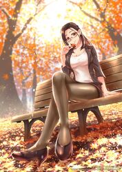  autumn_leaves bench breasts brown_eyes brown_hair crossed_legs day earrings female forehead formal glasses high_heels holding holding_leaf jacket jewelry leaf long_hair looking_at_viewer miru_tights okuzumi_yuiko outdoors pantyhose pencil_skirt semi-rimless_eyewear shingo_(picturepuzzle) shirt sitting skirt smile solo teacher tights_day white_shirt 