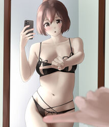  blush breasts brown_eyes brown_hair cellphone commission convenient_censoring crotchless crotchless_panties female full-length_mirror hair_between_eyes highres holding holding_phone ise_(kancolle) kantai_collection large_breasts looking_at_mirror looking_at_viewer meme mirror navel nippleless_clothes one_finger_selfie_challenge_(meme) open_mouth panties phone pixiv_commission reflection selfie short_hair smartphone solo tama_(tamago) underwear 