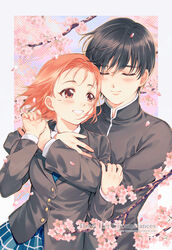  1boy arima_souichirou black_hair blue_skirt blush branch brown_hair cherry_blossoms closed_eyes closed_mouth commentary copyright_name couple female flower gakuran hug hug_from_behind kareshi_kanojo_no_jijou kaze-hime long_sleeves looking_at_another miyazawa_yukino pink_flower plaid plaid_skirt red_eyes school_uniform short_hair skirt smile straight upper_body watermark web_address wind 