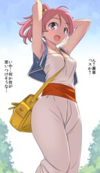  arms_up blush breasts cleavage commentary_request day dragon_quest dragon_quest_iii earrings female imaichi jewelry looking_at_viewer merchant_(dq3) open_mouth outdoors pink_hair ponytail short_hair sky smile solo standing translation_request 