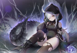  absurdres ahoge arknights black_dress black_thighhighs boots breasts clothing_cutout covered_navel crocodile_girl crocodilian_tail dress female goggles goggles_around_neck hand_up highres hood impossible_clothes jiusan_naitang knee_up large_tail long_hair long_sleeves looking_at_viewer medium_breasts multicolored_hair pointy_ears puffy_sleeves shoulder_cutout sitting skindentation solo streaked_hair tail thighhighs thighs tomimi_(arknights) torn_clothes torn_thighhighs white_hair yellow_eyes 