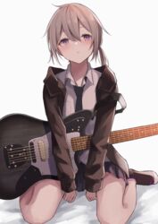  ankle_socks commentary electric_guitar female fender_jaguar girls&#039;_frontline grey_hair guitar highres instrument jacket konome_noi m200_(girls&#039;_frontline) necktie ponytail purple_eyes shirt socks solo white_shirt 