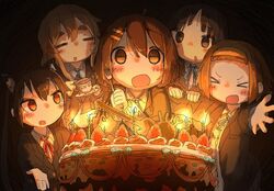  &gt;_&lt; &gt;o&lt; 5girls :d akiyama_mio animal_ears birthday_cake black_hair blonde_hair blush brown_eyes brown_hair cake cat_ears closed_eyes facing_viewer fake_animal_ears food fork hair_ornament hairband hairclip highres hirasawa_yui holding holding_fork k-on! kotobuki_tsumugi leoleonardk10 long_hair looking_at_another looking_at_viewer multiple_girls nakano_azusa open_mouth parted_lips sakuragaoka_high_school_uniform school_uniform short_hair smile tainaka_ritsu twintails winter_uniform xd 