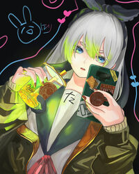  absurdres blue_eyes bubble_tea cellphone commentary_request cup disposable_cup dutch_angle eveyeil eyebrows_hidden_by_hair female fingernails glowing glowing_liquid green_jacket hair_between_eyes hair_ribbon heart highres holding holding_cup holding_phone horizontal_pupils jacket long_hair original parted_lips phone red_nails ribbon sailor_collar sleeves_past_wrists solo tentacle_hair_ornament upper_body white_hair 