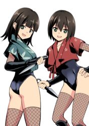  2girls akemiho_tabi_nikki arm_guards black_hair blunt_bangs crop_top detached_sleeves fishnet_armwear fishnet_thighhighs fishnets gendai_ninjakko_zukan green_eyes hand_on_own_hip highleg highleg_leotard highres holding holding_weapon kouno_hikaru kunai leotard looking_at_viewer momochi_momoka momochi_yurika multiple_girls ninja open_mouth short_hair siblings sisters thighhighs twins weapon white_background 