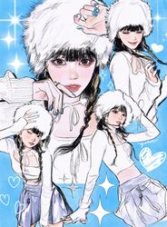  absurdres antifragile_(le_sserafim) black_hair blonde_hair blue_background blue_nails blue_skirt braid breasts collarbone commentary crop_top cropped_shirt earpiece female fingerless_gloves fur_hat gloves hand_on_own_head hat heart highres k-pop kim_chae-won le_sserafim long_hair long_sleeves looking_at_viewer medium_breasts multicolored_hair multiple_views nail_polish one_eye_closed papakha parted_lips pleated_skirt real_life signature skirt sleeves_past_wrists smile sparkle streaked_hair symbol-only_commentary twin_braids white_gloves white_headwear yohii863 