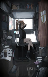  adjusting_hair arms_up artist_name bare_legs black_footwear black_shirt black_skirt book brown_eyes brown_hair chair chinese_robot_kid crossed_legs dc_comics discord drawing_tablet english_text female full_body grey_jacket grey_skirt hair_ribbon hand_in_own_hair high_ponytail highres indoors iron_man jacket long_hair looking_down miniskirt monitor mouth_hold multiple_monitors open_clothes open_jacket original painttool_sai_(medium) photoshop_(medium) plaid plaid_skirt ponytail ribbon room shirt shoes sitting skirt sleeves_rolled_up solo stylus superman superman_(series) tonari_no_totoro totoro wacom 