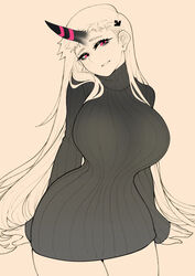  abyssal_ship albino black_sweater blush breasts brown_background commentary cowboy_shot dress female grin hair_ornament hairclip highres horns kantai_collection large_breasts long_hair long_sleeves red_eyes ribbed_dress ribbed_sweater seaport_princess short_dress single_horn smile solo sweater symbol-only_commentary uni_(oni_unicorn) white_hair 