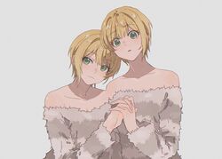  2girls blonde_hair blush clone collarbone fur_sweater green_eyes highres holding_hands idolmaster idolmaster_cinderella_girls interlocked_fingers looking_at_viewer miyamoto_frederica multiple_girls off-shoulder_sweater off_shoulder short_hair simple_background striped_clothes striped_sweater sweater upper_body yumi_xsh 