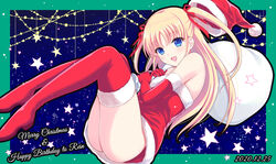  2020 :d akino_subaru bag bare_shoulders blonde_hair blue_background blue_eyes blush boots border box commentary_request dated dress elbow_gloves eyelashes female from_side full_body fur-trimmed_dress fur-trimmed_gloves fur-trimmed_thighhighs fur_trim gift gift_bag gift_box gloves green_background green_border hair_ribbon happy happy_birthday hat highres holding holding_bag knees_up legs long_hair looking_at_viewer merry_christmas open_mouth outside_border parted_bangs red_ribbon red_thighhighs ribbon sakura_rein santa_dress santa_gloves santa_hat short_dress sky sleeveless sleeveless_dress smile solo star_(sky) star_(symbol) starry_sky thigh_boots thighhighs thighs tsuki_no_kanata_de_aimashou two_side_up unworn_hat unworn_headwear 