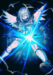  absurdres amane_kanata amane_kanata_(1st_costume) angel angel_wings armband asymmetrical_bangs asymmetrical_hair blue_eyes blue_hair bob_cut colored_inner_hair energy feathered_wings female finger_gun glowing glowing_eye grey_hair hair_over_one_eye halo hand_on_own_arm highres hololive mazel_(mazel_star) multicolored_hair one_eye_covered shoes short_hair single_hair_intake socks solo star_halo streaked_hair striped_clothes striped_socks virtual_youtuber wings 