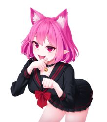  :d absurdres animal_ears bad_id bad_pixiv_id bell bent_over black_choker black_sailor_collar black_serafuku black_shirt black_skirt blush breasts cat_ears cat_girl choker collarbone commentary_request cowboy_shot fangs female hand_on_own_face highres jingle_bell korean_commentary long_sleeves looking_at_viewer lucid_(maplestory) maplestory medium_breasts miniskirt neck_bell open_mouth paw_pose pink_hair pleated_skirt pointy_ears red_eyes red_ribbon ribbon sailor_collar school_uniform serafuku shirt short_hair simple_background skirt smile solo tongue tongue_out white_background wiping_face yuyo_(i_iuyo) 