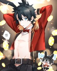  ! !! 1boy alternate_costume animal_ears areolae belt black_hair blue_eyes bow bowtie chibi chibi_inset commentary detached_collar english_text epaulettes fake_animal_ears fate/grand_order fate_(series) fujimaru_ritsuka_(male) haisato_(ddclown14) jacket looking_at_viewer male_focus male_playboy_bunny meme_attire poker_chip rabbit_ears red_bow red_bowtie red_jacket reverse_bunnysuit reverse_outfit signature solo spoken_exclamation_mark 