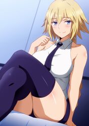  bare_shoulders blonde_hair blue_eyes blue_shorts blue_thighhighs blush braid breasts collarbone collared_shirt crossed_legs fate/apocrypha fate/grand_order fate_(series) female hara_(harayutaka) highres jeanne_d&#039;arc_(fate) jeanne_d&#039;arc_(girl_from_orleans)_(fate) long_braid long_hair looking_at_viewer necktie shirt shorts single_braid sitting sleeveless sleeveless_shirt smile solo thighhighs thighs very_long_hair white_shirt 