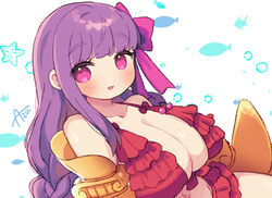  azu_(kirara310) bikini bow breasts fate/extra fate/extra_ccc fate_(series) female fish_background hairbow highres huge_breasts long_hair navel passionlip_(fate) pink_eyes purple_hair red_bikini signature smile solo swimsuit 