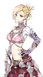  belt black_pantyhose blonde_hair blue_eyes boots braid cleavage_cutout clothing_cutout commentary_request cowboy_shot crop_top female final_fantasy final_fantasy_xiv from_side hair_bun hand_on_own_hip high_collar highres hyur korean_commentary looking_at_viewer midriff minfilia_warde multiple_belts navel pantyhose sheath sheathed short_hair side_braids signature simple_background single_hair_bun smile solo standing swept_bangs thigh_boots twitter_username white_background wild5lee 