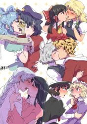  6+girls akutsu_(demodori) animal_ears black_eyes black_gloves black_hair blonde_hair blood blue_eyes blue_hair blush braid cabbie_hat capelet closed_eyes colored_skin detached_sleeves dress eye_contact face-to-face fingerless_gloves gloves green_skin grey_hair hakurei_reimu hand_on_another&#039;s_cheek hand_on_another&#039;s_chin hand_on_another&#039;s_face hat houraisan_kaguya hug imminent_kiss kaku_seiga kirisame_marisa kissing long_hair long_sleeves looking_at_another maribel_hearn miyako_yoshika mouse_ears multiple_girls nazrin ofuda pink_shirt purple_dress purple_eyes red_shirt shirt short_hair short_sleeves simple_background single_braid sparkle toramaru_shou touhou upper_body usami_renko white_background white_shirt wide_sleeves yagokoro_eirin yuri zombie 