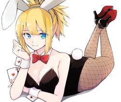  alternate_costume animal_ears ass bare_shoulders black_leotard blonde_hair blue_eyes bow bowtie breasts closed_mouth commentary detached_collar dr._stone fake_animal_ears fake_tail female fishnet_pantyhose fishnets full_body high_heels kohaku_(dr._stone) leotard looking_at_viewer lying maru_(pixiv51714255) medium_breasts on_stomach pantyhose playboy_bunny rabbit_ears rabbit_tail simple_background smile solo strapless strapless_leotard tail the_pose white_background wrist_cuffs 