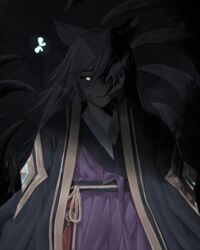  1boy animal_ears black_background blue_butterfly bug butterfly cloak closed_mouth fox_boy fox_ears fox_tail grey_hair guardian_tales korean_clothes korean_commentary looking_at_viewer male_focus manjin512 multiple_tails nine_tailed_fox_garam sad shadow solo standing tail yellow_eyes 