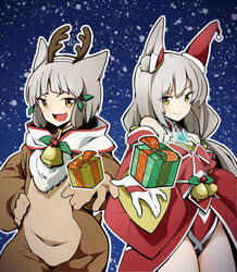  2girls animal_costume animal_ear_fluff animal_ears antlers bell blue_background blunt_bangs box breasts brown_gloves cat_ears christmas closed_mouth cowboy_shot deer_tail detached_sleeves dress dual_persona facial_mark fake_antlers fur-trimmed_headwear fur_trim gift gift_box gloves grey_hair hair_ornament hand_on_own_hip hat highena holding holding_gift horns incoming_gift long_hair multiple_girls neck_bell nia_(xenoblade) oerba_yun_fang open_mouth red_robe reindeer_antlers reindeer_costume robe santa_dress santa_hat short_hair skin_fang small_breasts smile snowflake_background tail time_paradox twintails white_gloves white_hood xenoblade_chronicles_(series) yellow_eyes 