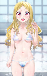  :d arm_at_side ass_visible_through_thighs bikini blonde_hair blush breasts breasts_apart cowboy_shot female hand_up highres idolmaster idolmaster_cinderella_girls long_hair looking_at_viewer medium_breasts mochizuki_hijiri navel oniku_(oniku029029mm) parted_bangs red_eyes smile solo standing stomach string_bikini striped_bikini striped_clothes swimsuit wet 