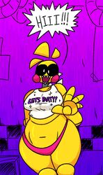  2020 android animatronic anthro avian bib biped bird breasts chicken clothed clothing curvy_figure detailed_background dialogue english_text female five_nights_at_freddy&#039;s five_nights_at_freddy&#039;s_2 galliform gallus_(genus) hi_res looking_at_viewer machine non-mammal_breasts panties phasianid qoolbunart robot scottgames solo speech_bubble text toy_chica_(fnaf) underwear voluptuous 