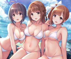  3girls :d ahoge arm_support arms_behind_back bare_arms bare_shoulders bikini black_hair blush braid breasts brown_eyes brown_hair cleavage cloud collarbone commentary_request day hair_intakes hair_ribbon hand_on_own_chest highres idolmaster idolmaster_cinderella_girls igarashi_kyoko kohinata_miho leaning_to_the_side long_hair looking_at_viewer medium_breasts multiple_girls navel ocean open_mouth outdoors ribbon rock shimamura_uzuki short_hair side_braid side_ponytail sitting smile sparkle stomach swimsuit u_rin underboob water white_bikini white_ribbon 