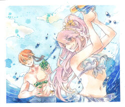  1boy alternate_costume asugi_(fire_emblem) breasts cloud cloudy_sky couple female fire_emblem fire_emblem_fates medium_breasts navel ocean orange_hair pink_hair ponytail sakaki_1220 sky soleil_(fire_emblem) straight swimsuit water_gun 