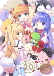  3girls :d ;o absurdres aged_down ahoge air_(visual_novel) all_fours angel anniversary belka black_cat black_legwear blonde_hair blue_eyes blush botan_(clannad) brown_hair canine chibi-moth clannad commentary_request company_name crown dango_daikazoku doruji feline green_eyes hair_intakes hair_ornament hair_ribbon highres holding holding_stuffed_toy hoshimame_mana inari_(summer_pockets) kamikita_komari kanon keropii key_(company) kneeling little_busters! long_sleeves looking_at_viewer minase_nayuki multiple_girls one_eye_closed open_mouth piro potato_(air) purple_eyes purple_hair red_ribbon rewrite ribbon short_sleeves short_twintails smile star_(symbol) star_hair_ornament strelka stuffed_animal stuffed_bird stuffed_boar stuffed_dinosaur stuffed_frog stuffed_rabbit stuffed_toy summer_pockets tearing_up thighhighs tongue tongue_out tsumugi_wenders twintails v white_cat x_hair_ornament yellow_cat 