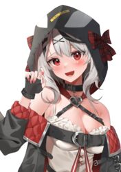  :d ahoge atora bad_id bad_pixiv_id bare_shoulders black_coat black_gloves black_hair blush bow braid breasts buckle camisole cleavage coat collar female fingerless_gloves gloves grey_hair hair_ornament hairclip heart highres hololive hood hood_up long_hair long_sleeves looking_at_viewer medium_breasts multicolored_hair nail_polish oerba_yun_fang off_shoulder open_clothes open_coat open_mouth pendant_collar plaid plaid_bow red_bow red_eyes red_nails sakamata_chloe sakamata_chloe_(1st_costume) simple_background smile solo two-tone_hair upper_body virtual_youtuber white_background x_hair_ornament 