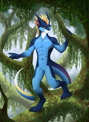  abs anthro blue_body coyrin detailed_background digitigrade dragon featureless_crotch forest hi_res ken_doll_anatomy long_tail male mythological_creature mythological_scalie mythology plant rainforest raining scalie tail teryx teryx_commodore tree 