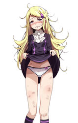  ace_trainer_(pokemon) astrid_(pokemon) blonde_hair blush bow bow_panties bruise clothes_lift collared_dress crying crying_with_eyes_open dirty dress dress_lift female hair_ornament hairclip highres injury long_hair long_sleeves messy_hair nail_polish panties photoshop_(medium) pokemon pokemon_xy purple_bow purple_dress purple_eyes purple_socks simple_background socks solo tears tsukishiro_saika underwear white_background white_panties 