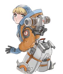  animification apex_legends ass backpack bag blue_eyes blue_gloves blue_headwear bodysuit commentary cropped_legs female from_behind gloves hood hooded_jacket jacket leaning_forward looking_at_viewer looking_back open_hand orange_jacket puckered_lips shimijimi solo symbol-only_commentary wattson_(apex_legends) white_background white_bodysuit 